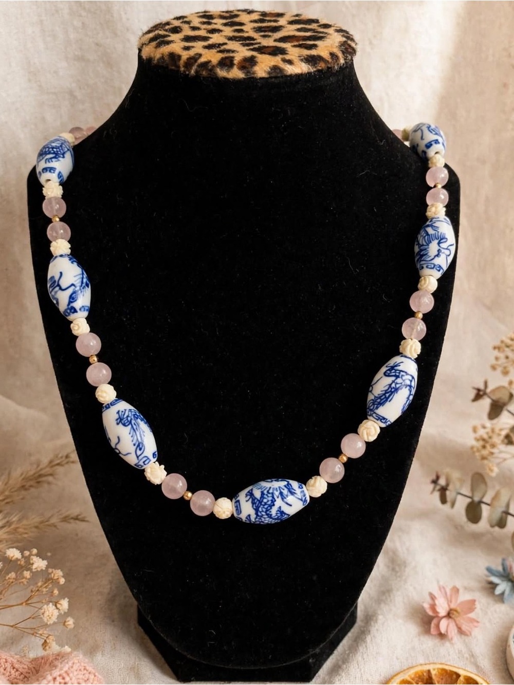 Vintage Chinese Export Porcelain Blue White Dragon Bead Rose Quartz Necklace